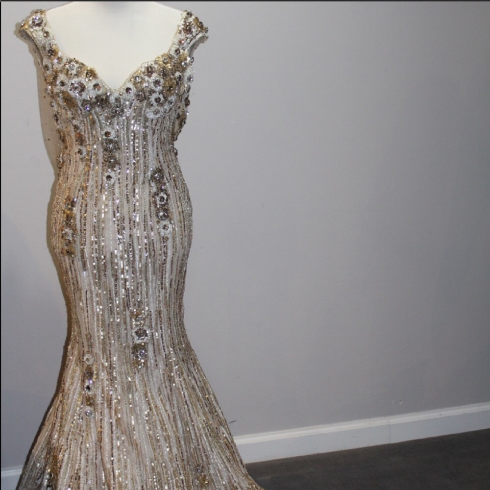 Gold and ivory beaded evening gown